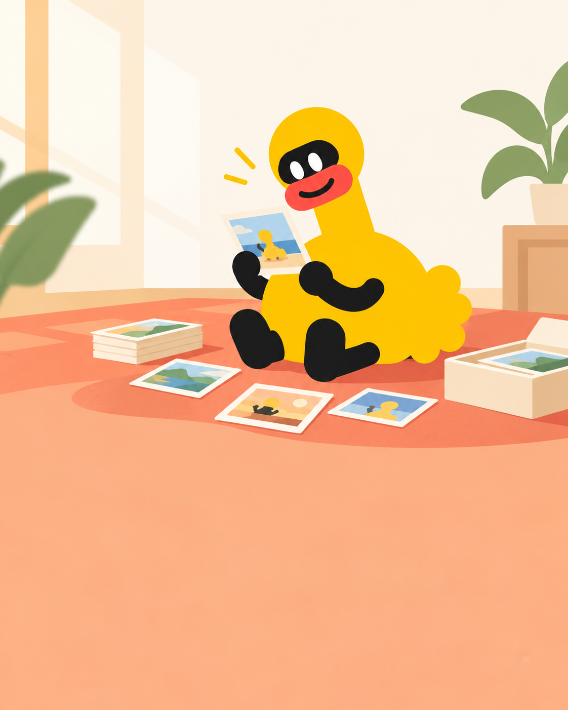 The Tell character sits on the floor looking through old photos